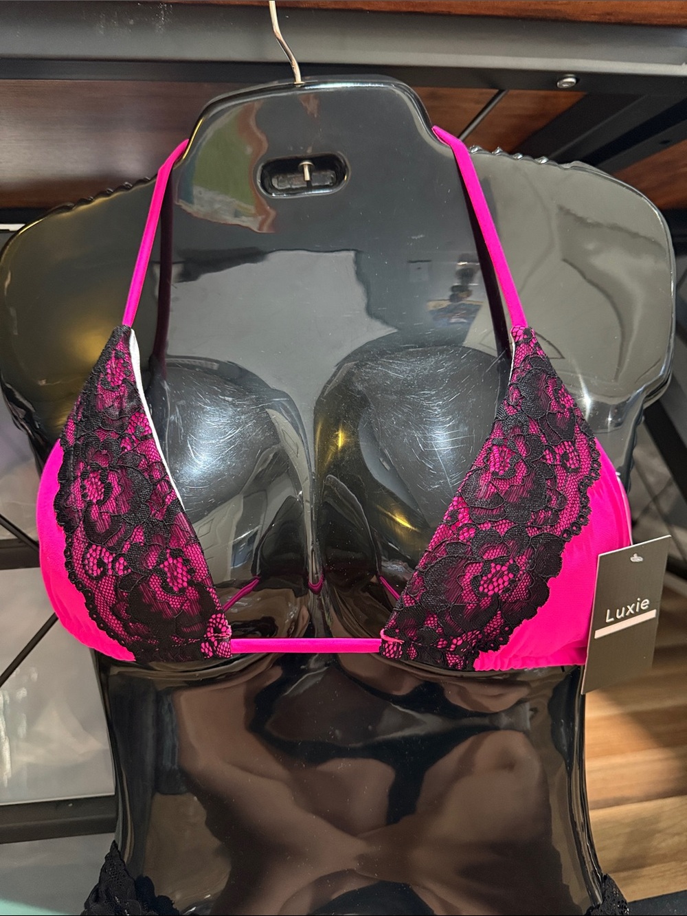 Luxie Hot Pink Bikini Top with Black Lace Trim